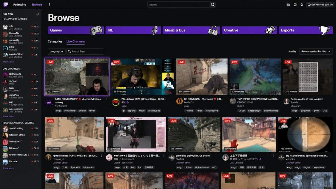 nophone22 being recommended in the twitch browse directory page