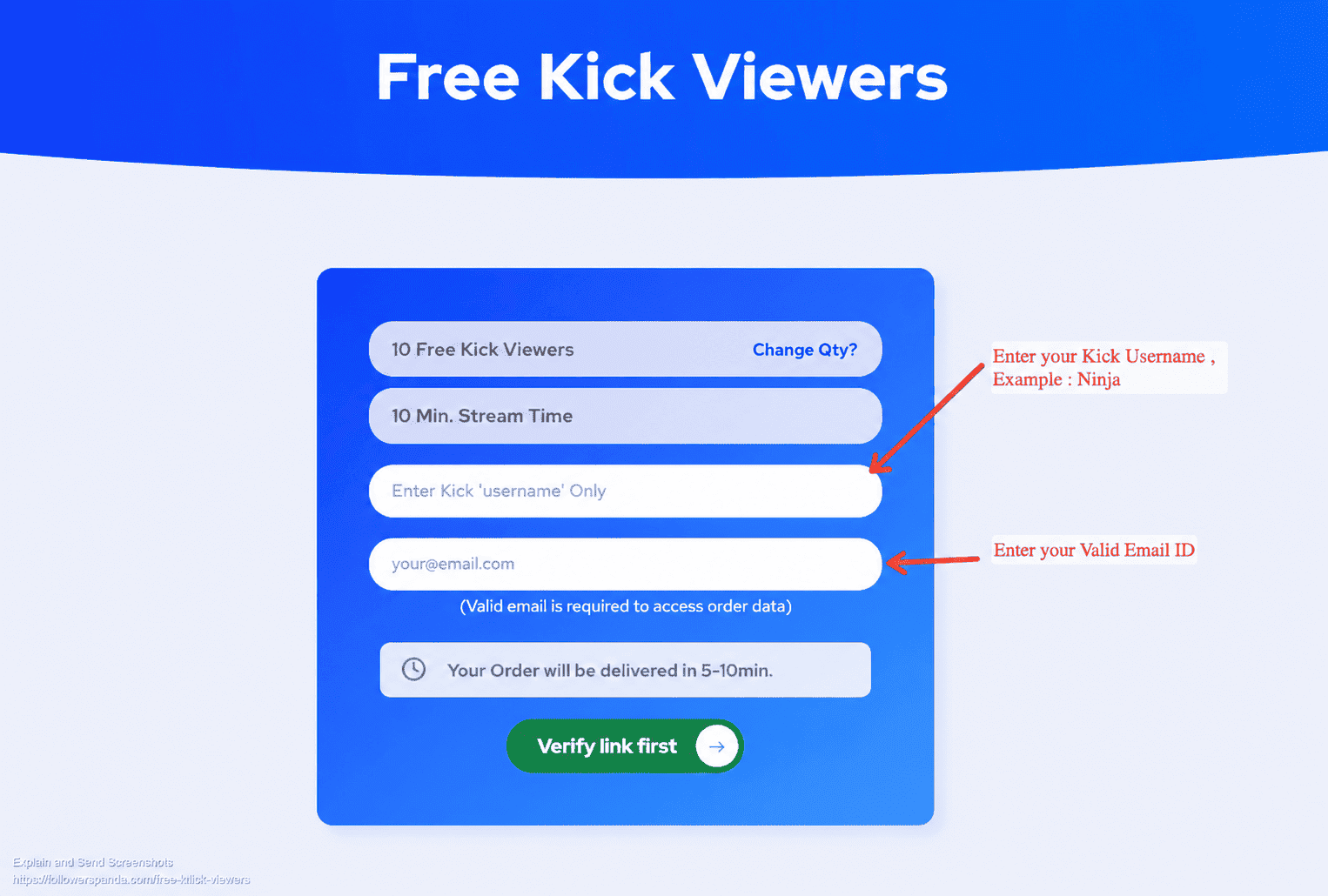 How to order free Kick viewers on Followerspanda — step by step